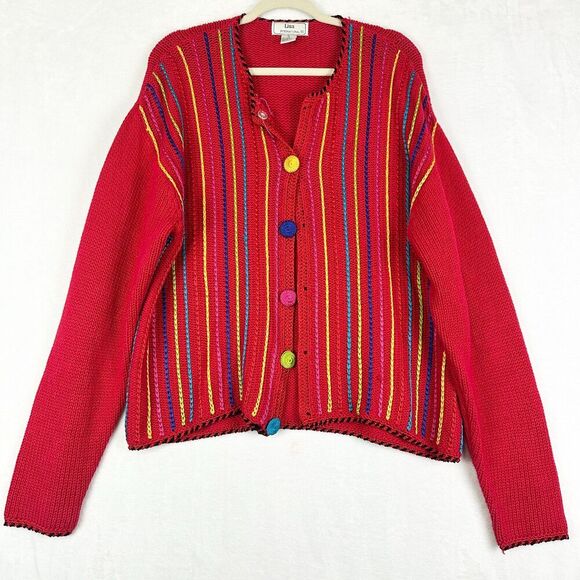 Lisa International Vibrant Red Cardigan with Colorful Stripes - Picture 1 of 5